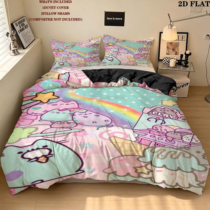 Pusheen Cat Pattern Bedding uilt Set uilt Cover Pillowcase Home Decoration Birthday Gift (1 * duvet cover + 2 * pillowcase without core)
