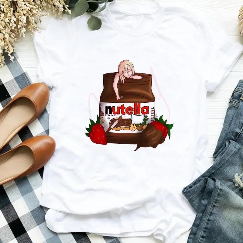 Футболка Женская с принтом Nutella Модная Харадзюку Футболка Девушка Повседневная Белый Топ Футболка Новейшая Летняя Женская Футболка Одежда