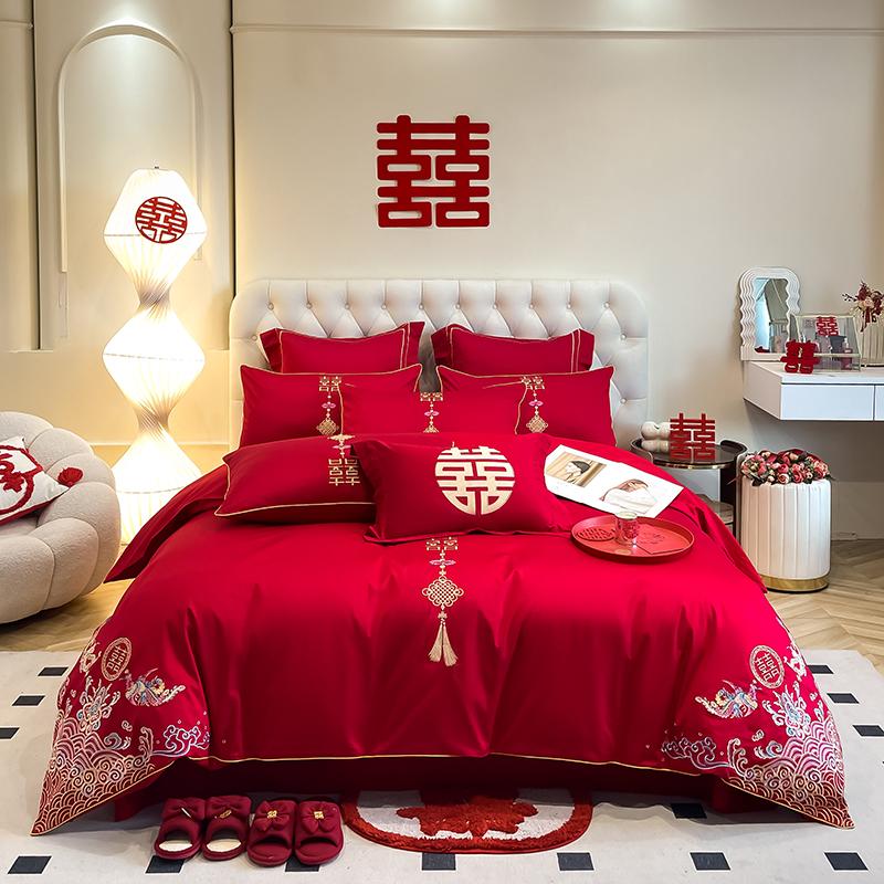 Skin friendly cotton brushed wedding embroidery 4-piece set, big red wedding bed 4-piece set, modern style wedding 4-piece set