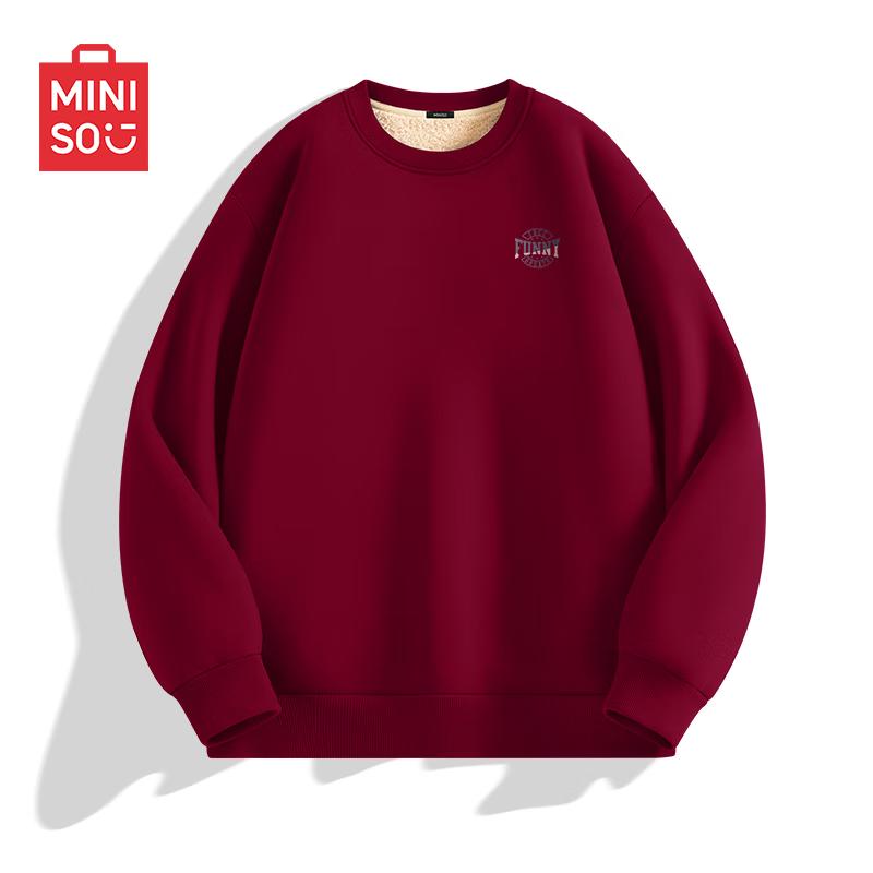 MINISO Men's Winter Fleece-Lined Lambswool Round Neck Sweatshirt