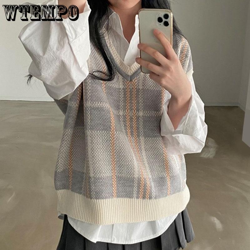 Autumn Winter Female Korean Loose Sweater Vest Vintage Office-lady V-neck Sweater Pullover Women Knitted Tops Pull Femme