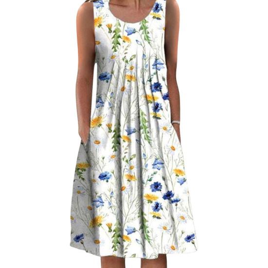 Платье с цветочным принтом и круглым вырезом, плиссированный дизайн, пуловер с короткими рукавами, элегантная повседневная одежда, женское летнее повседневное свободное пляжное платье больших размеров, одежда для отдыха