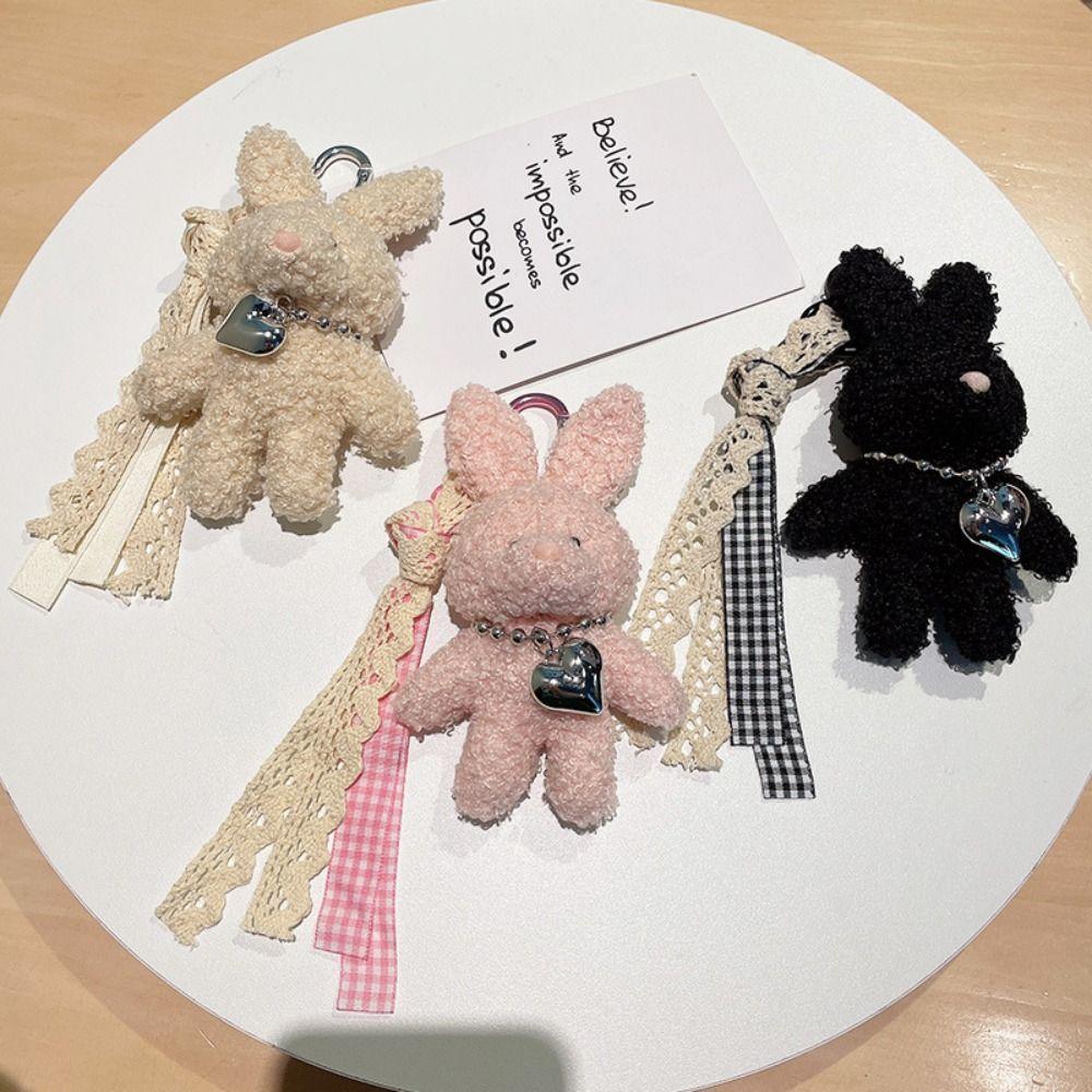 Silver Heart Plush Bag Pendant Bow Ribbon Rabbit Plush Doll Rabbit Doll Charm  Bag Decoration