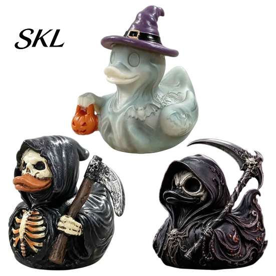 Dark Home Office Accessories Halloween Grim Reaper Duck Resin Figurine, Gothic Scythe Statue Spooky Atmosphere Ornaments for Desk Decor, Collectible