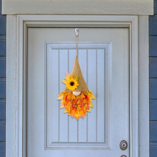 Thanksgiving Maple Leaf Gnome Wreath with String Light Indoor Outdoor Front Door Wall Hanging