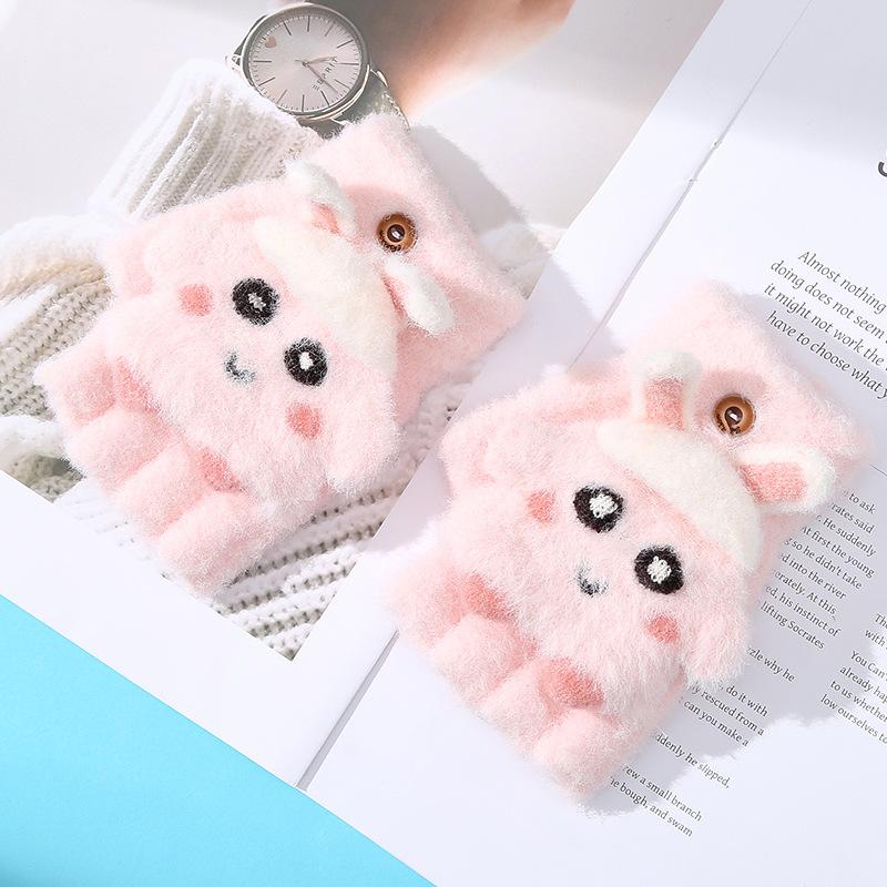 Cartoon Cute Children's Half Finger Flap Warm Gloves In Autumn and Winter Cold Proof and Thickened Baby Girl Writing and Riding A Bicycle Five-finger