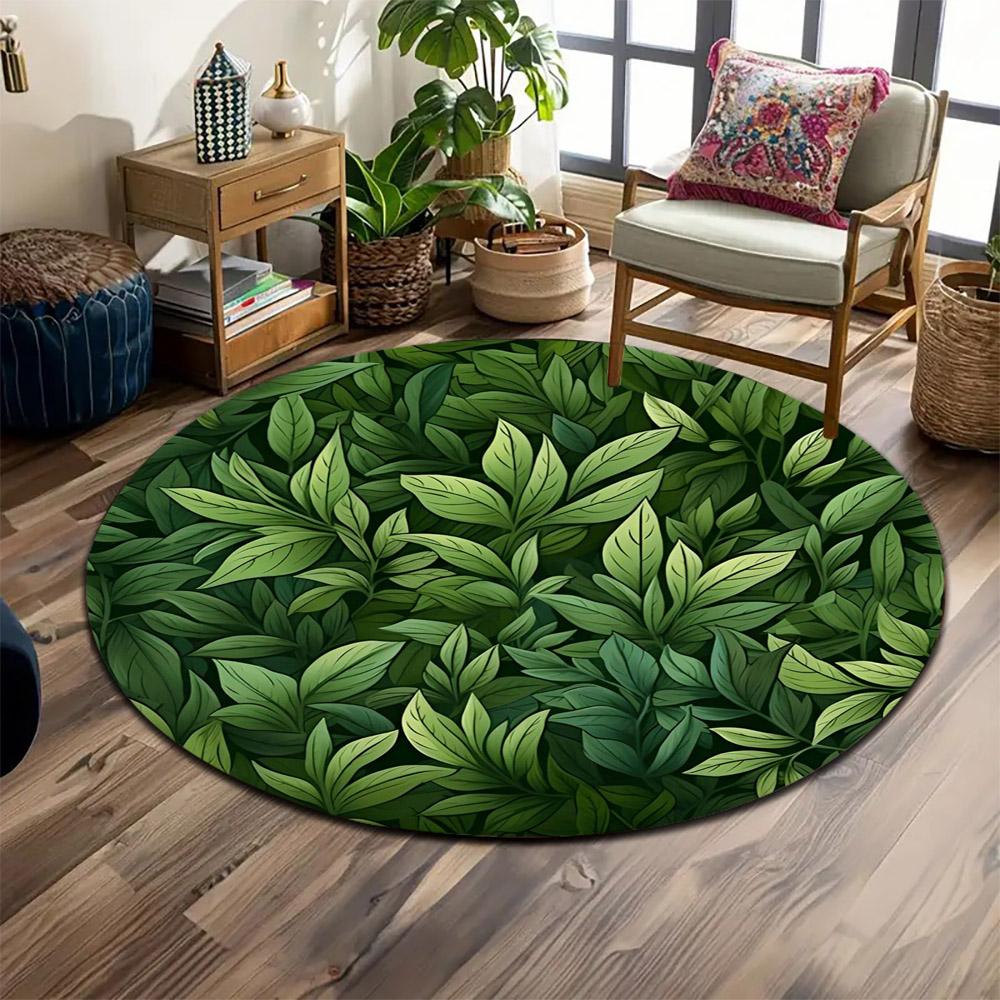 Lush Green Leaf Pattern Design Print round rug, living room, bedroom, playroom carpet, non slip floor mat, gift