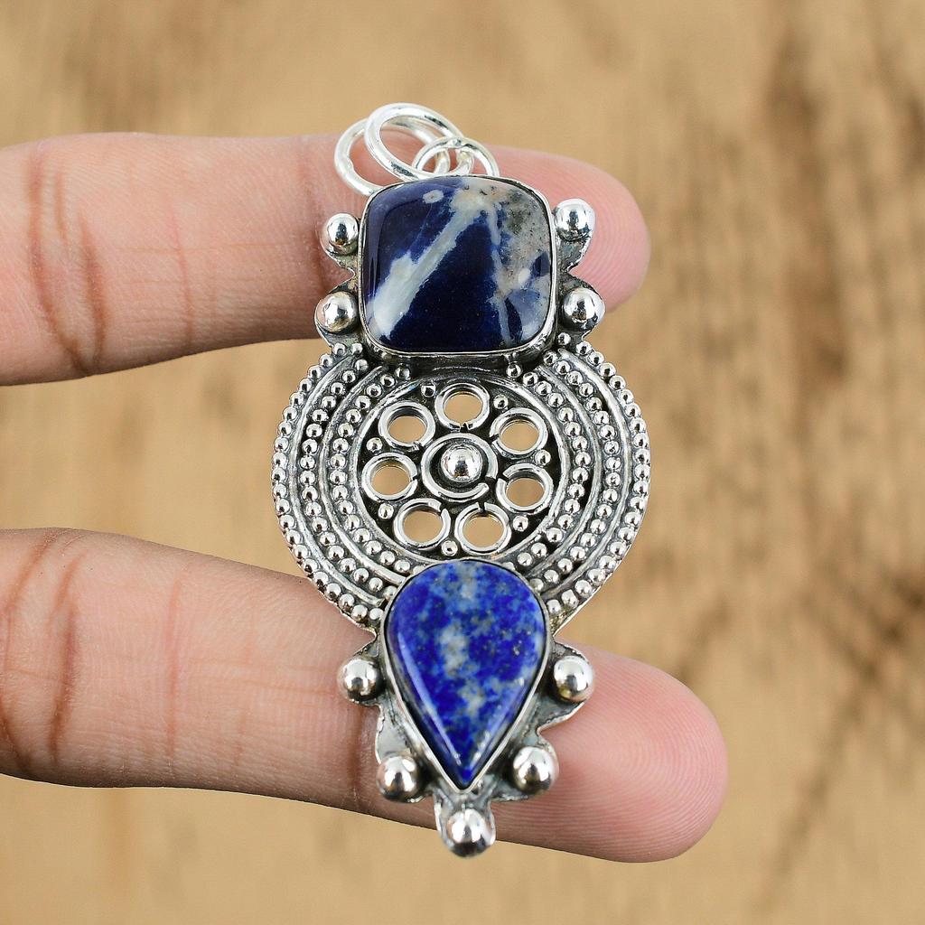 Cushion Natural Sodalite Lapis Lazuli 925 Sterling Silver Mother Pendant Jewelry