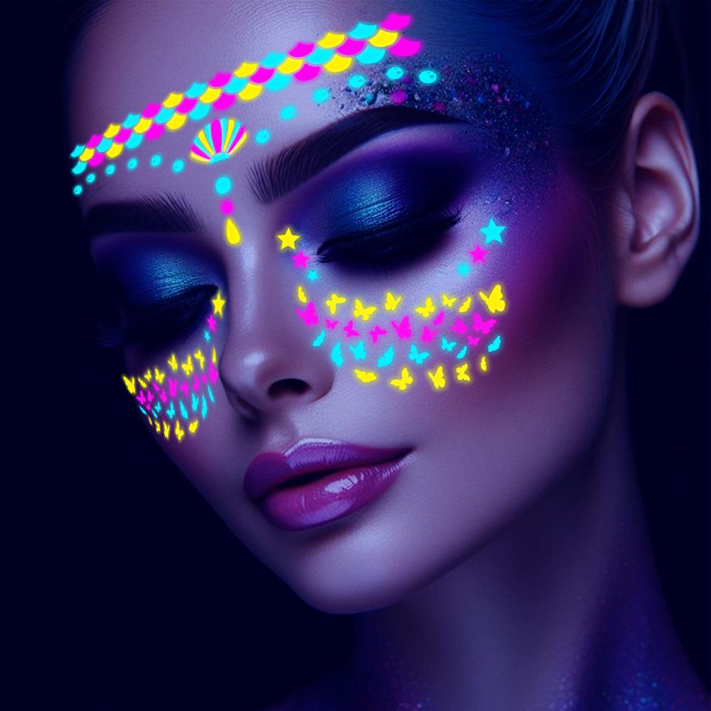 4/8 шт. Флуоресцентные наклейки-тату на лицо, временные наклейки с красочным дизайном цветов/бабочек/перьев, водостойкие татуировки для макияжа/вечеринки