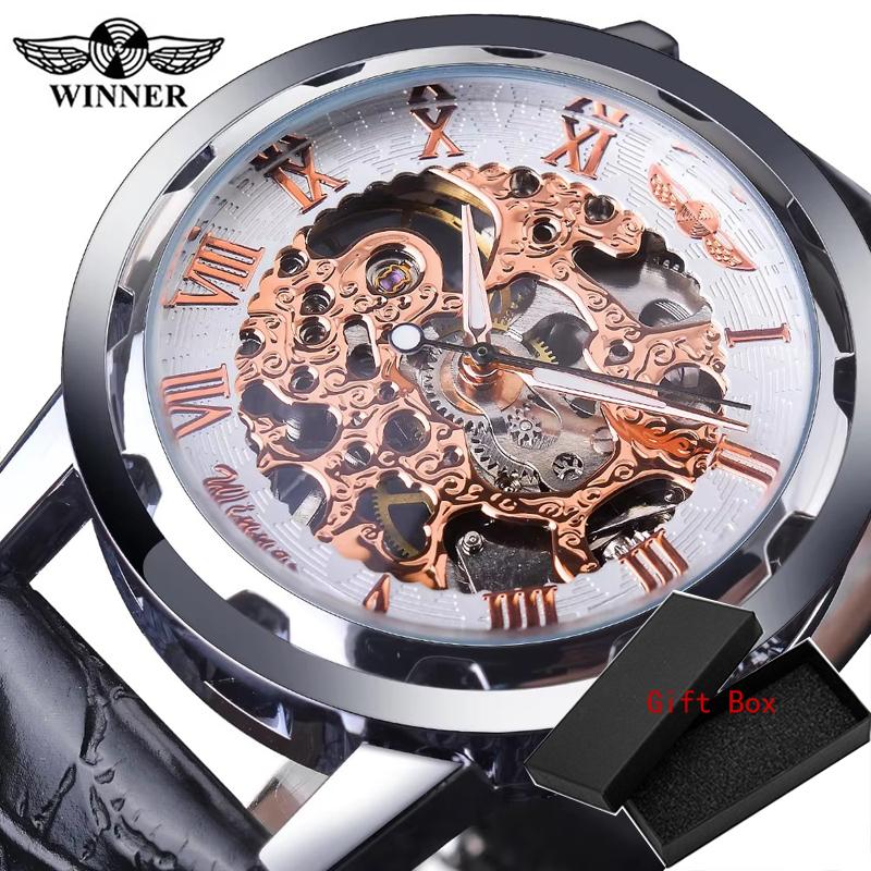 Winner Black Gold Male Clock Men Relogios Skeleton Mens Watches Top Brand Luxury Montre Leather Wristwatch Men Mechanical Watch