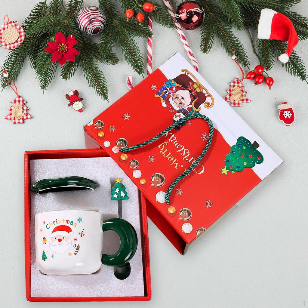 Christmas Mug Set Water Cup Lightweight Santa Cute Tea Coffee with Lid Spoon for Winter