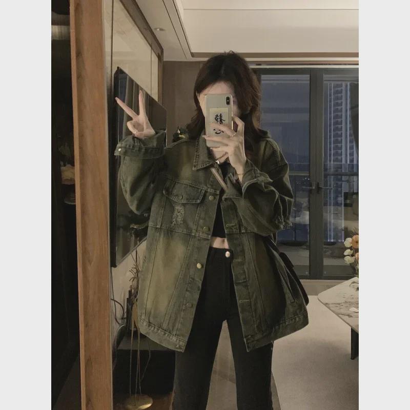 Женская джинсовая куртка в стиле ретро с потертостями и рваными краями — новинка 2024 года в корейском стиле, свободная модель с длинными рукавами для весны и осени