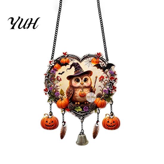 Easy Install Holiday Decorations Halloween Acrylic Love Heart Wreath Ornament, Cartoon Owl Ghost Witch Ornaments Skeleton Hanging Decor, Festive Party