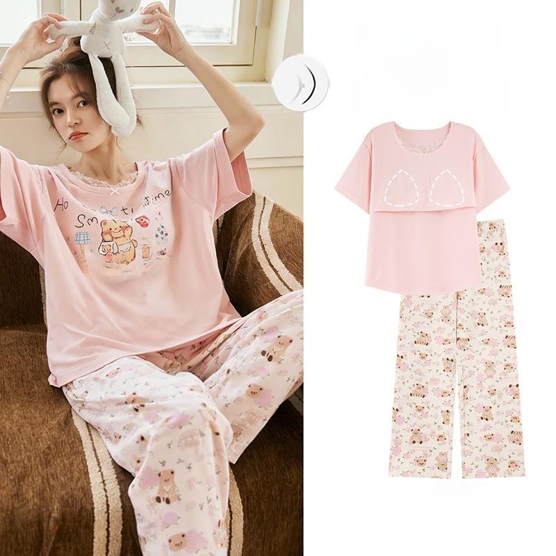 Pure Cotton Summer Sleepwear Set For Women With Chest Padding And Breathable Short Sleeve Long Pants For Home And Outdoors
