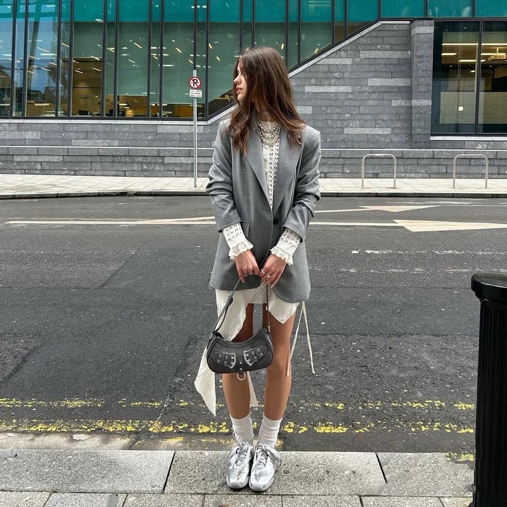 Модные женские серебристые балетки Весна Осень Элегантная пряжка Квадратный носок Лоферы слипоны для вечеринки Весна Осень Zapatos Planos Mujer