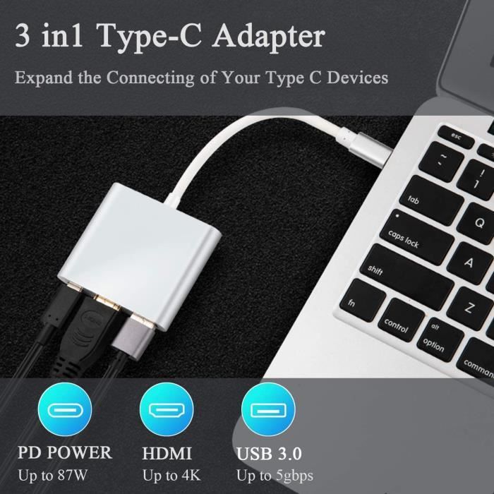 Adaptateur USB C vers HDMI - Non spécifié - 4K - Port USB 3.0 - Charge USB C - Design compact