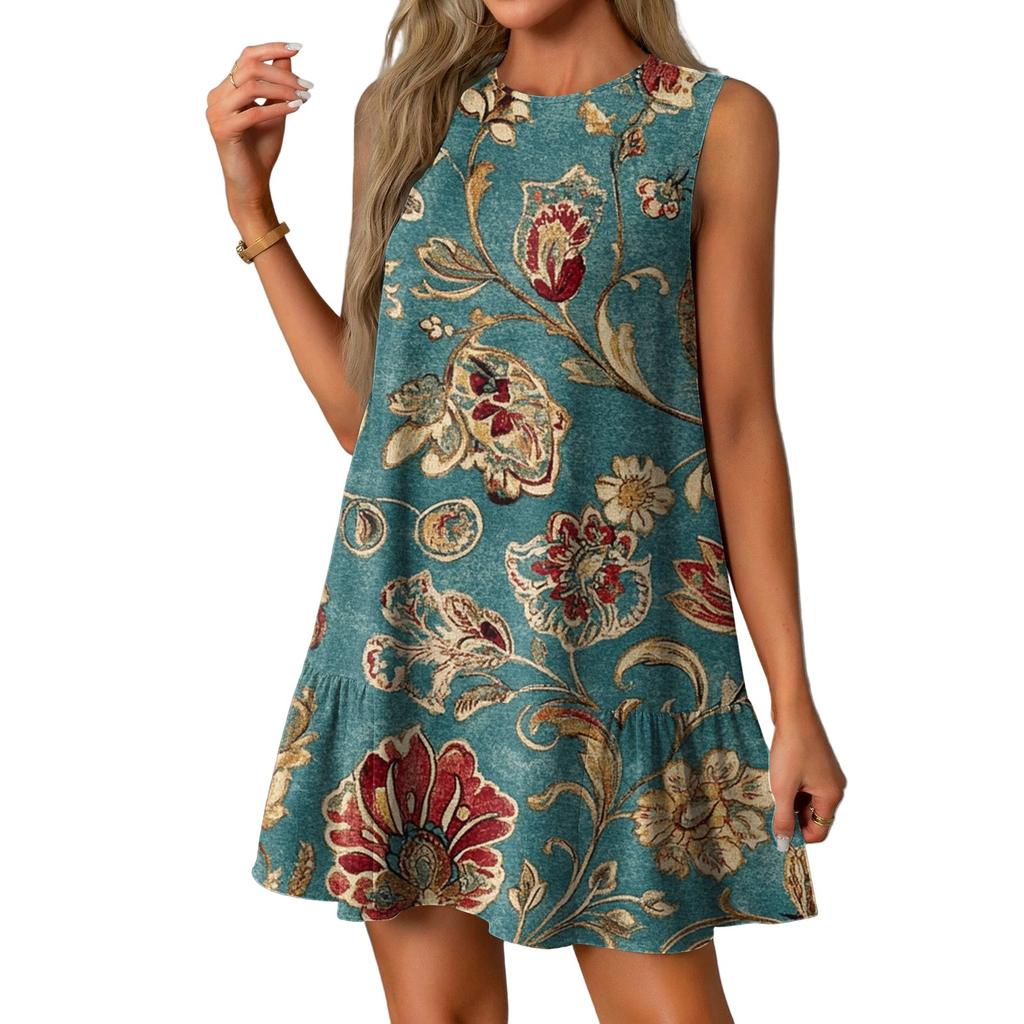 Женские модные повседневные платья без рукавов с круглым вырезом и оборками с винтажным принтом