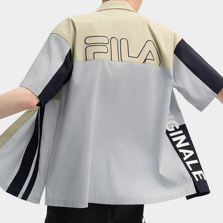 Fila Оригинальная мягкая удобная полосатая рубашка с буквенной вставкой, универсальная, свободного кроя, с коротким рукавом, мужская, светло-хаки, F11M529403F-DK
