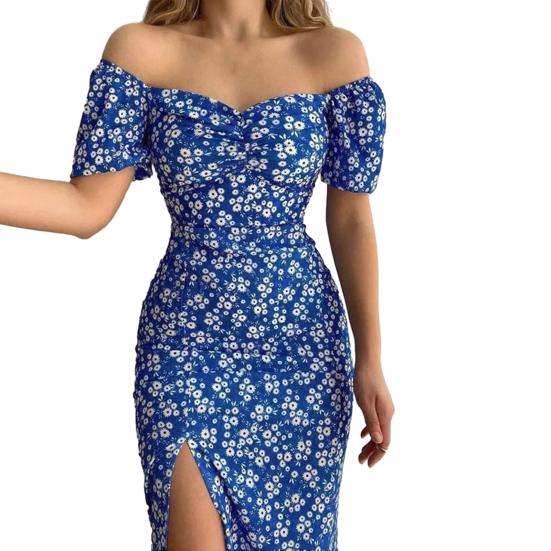 МОДНОЕ женское платье с высокой талией и открытыми плечами, с глубоким вырезом, летнее сексуальное облегающее платье с цветочным принтом и силуэтом макси для леди