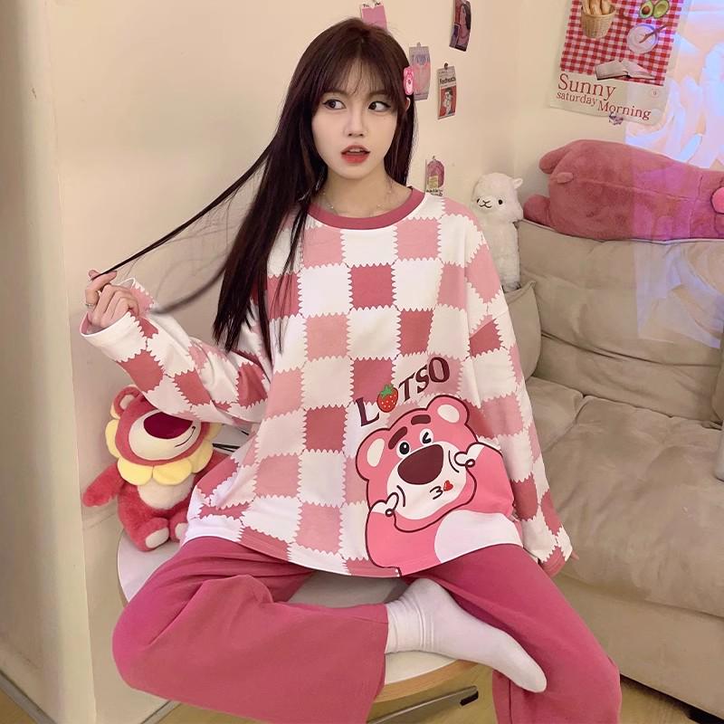 Женский пижамный комплект с длинным рукавом - Милый мультяшный принт, Большой размер, для весны и осени, для дома/улицы
