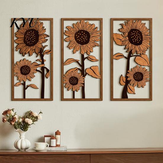 Floral Wall Sculpture 3Pcs Vintage Sunflower Wooden Decor, Farmhouse Cutout Wood Living Room Decor Art, Rustic Hanging Ornament for Bedroom