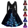 Женские рождественские повседневные модные винтажные платья с v-образным вырезом и длинными рукавами с принтом