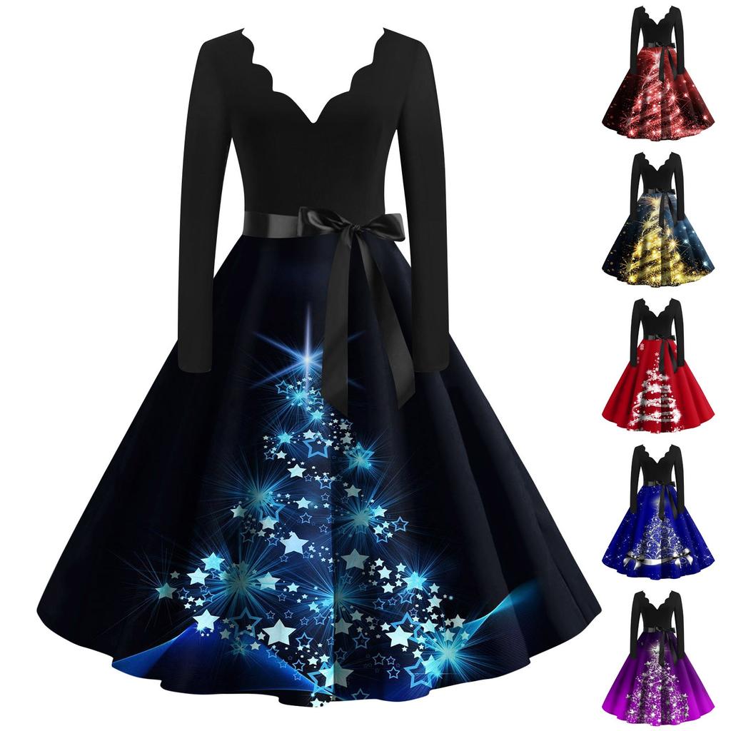 Женские рождественские повседневные модные винтажные платья с v-образным вырезом и длинными рукавами с принтом