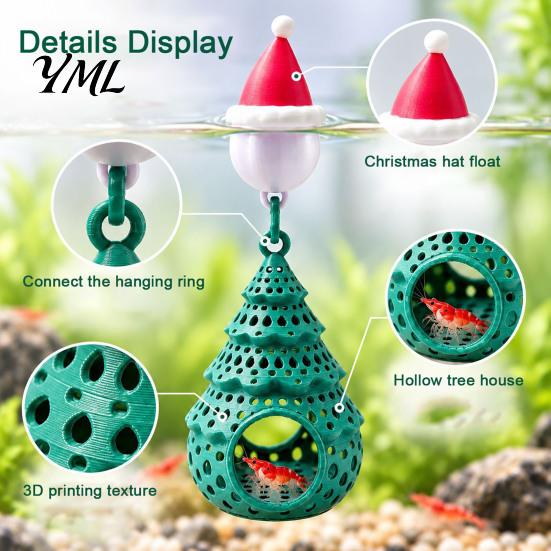 Aquascaping Cave for Small Fish Christmas Tree Aquarium Floating Hideout Ornament, Shrimp Shelter with Suspended Tank Landscaping Santa Hat
