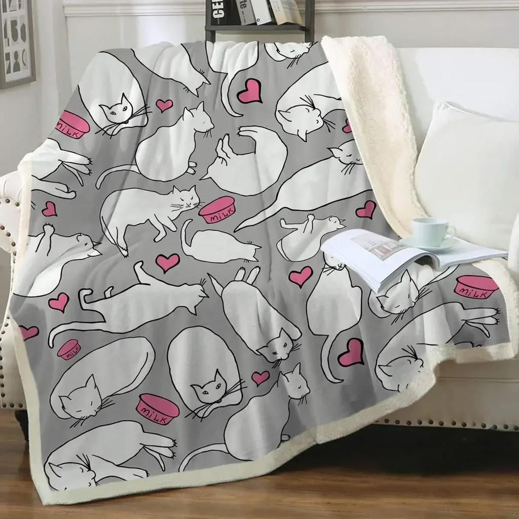 Grey and White Cats Blanket Plush Sherpa Flannel Throw Blanket for Couch Sofa Super Soft Blanket Bedroom TV Throw Blanket Full