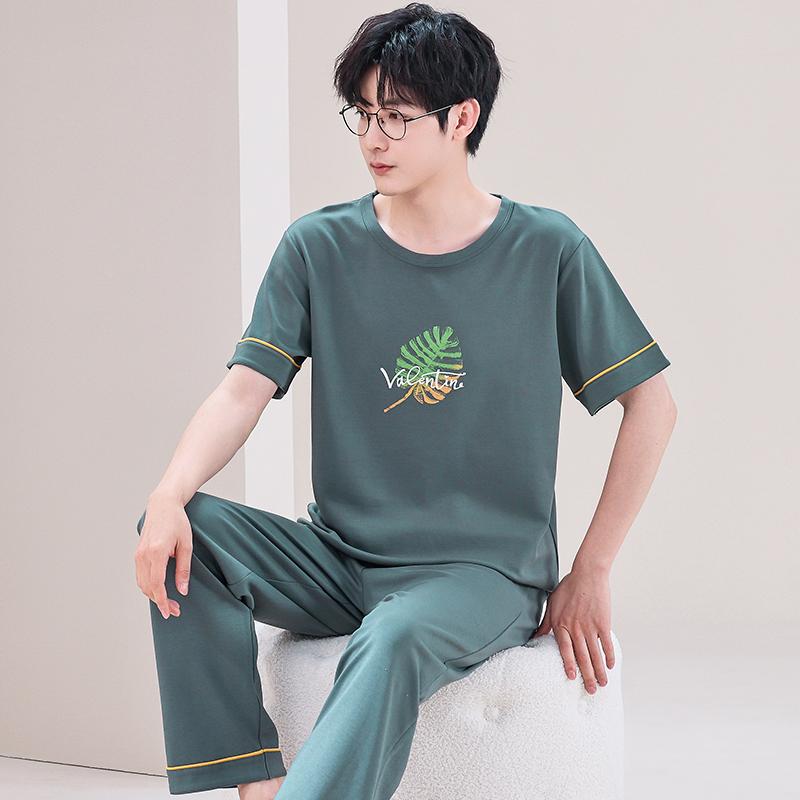 Summer Soft Cotton Pajamas Set for Men Fashion O-neck Pyjamas Short Sleeved Plaid Pants Home Suit