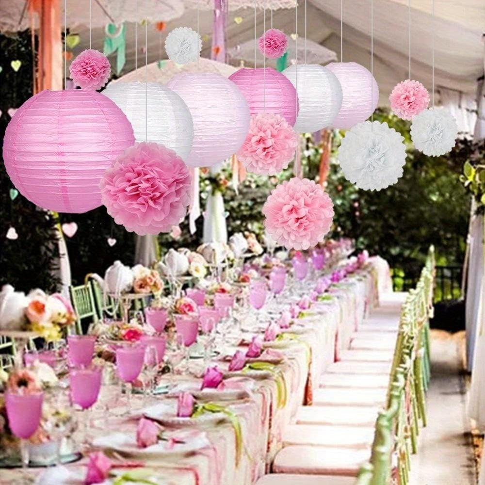 15Pcs Party Pack Paper Lanterns and Pom Pom Balls Hanging Decoration for Wedding Birthday Baby Shower