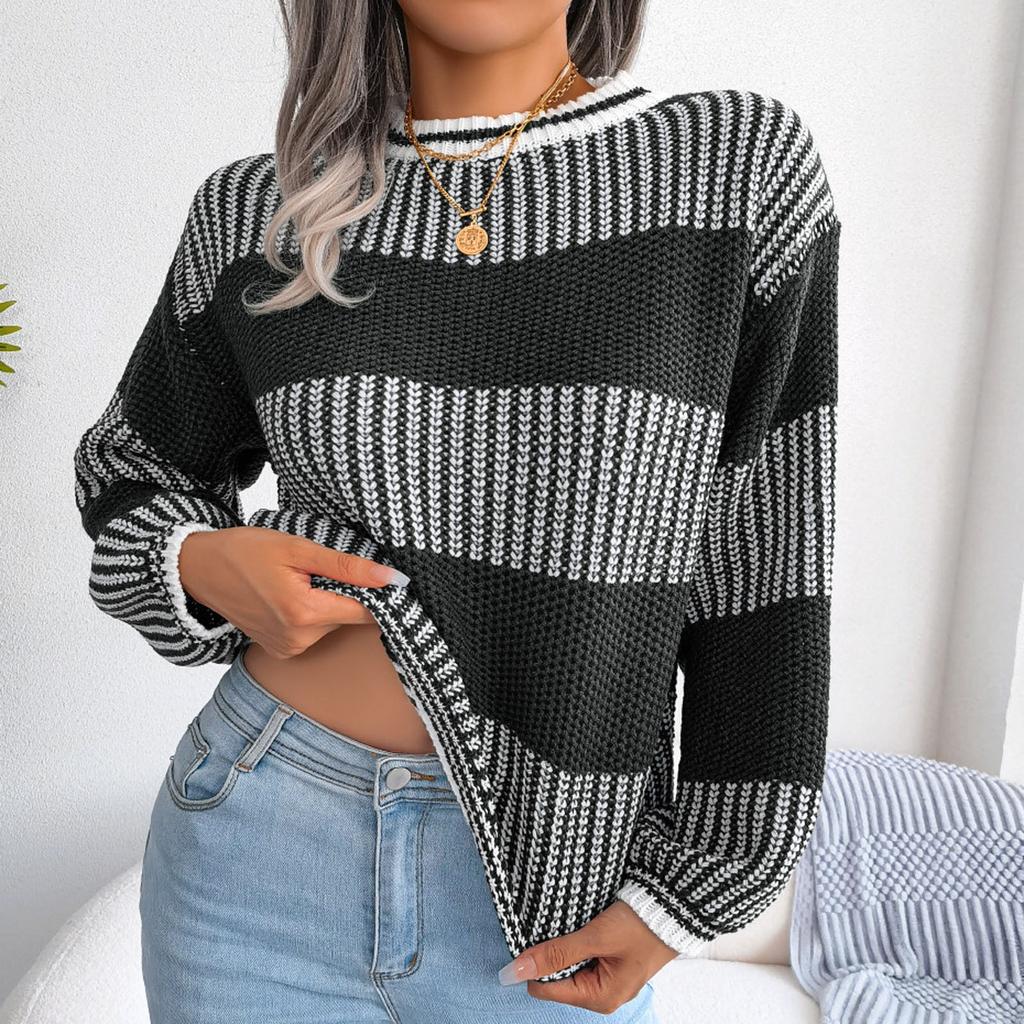 Женский свободный повседневный свитер с круглым вырезом и длинными рукавами в полоску с длинными рукавами