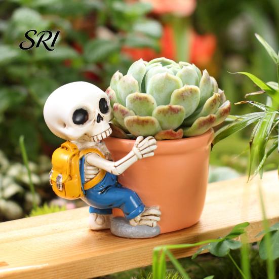 Resin Skeleton Pot Cute Planter Decorative Flowerpot Small Sun-resistant Plant for Succulents Halloween Desktop Decoration