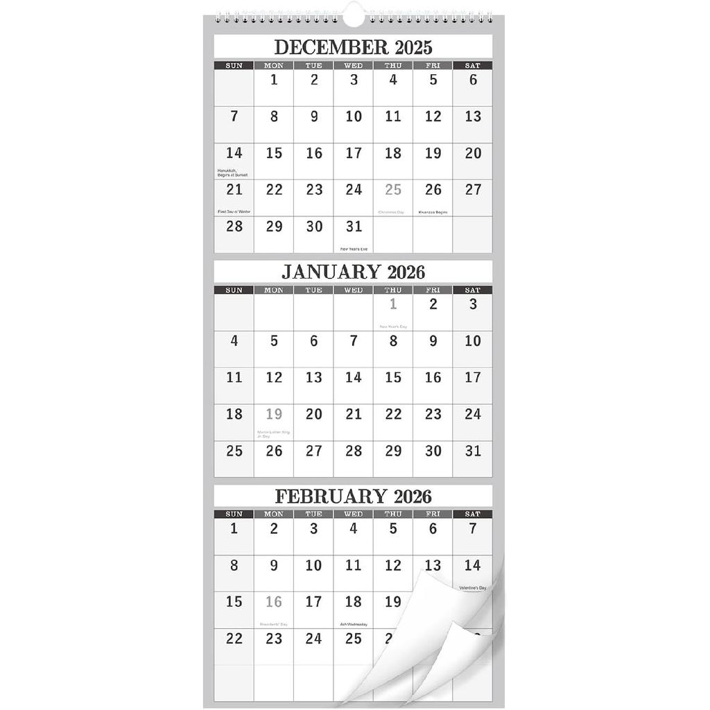 2026 Wall Calendar - 3 Month Calendar Vertical Display, 3-Month Wall Calendar 2026, Jan. 2026 - Dec. 2026, 11" x 26", Large Monthly Calendar, Lay-