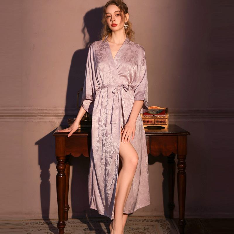 nightgown women's summer ice silk thin satin jacquard long retro sexy high-end spring and autumn bathrobe robe