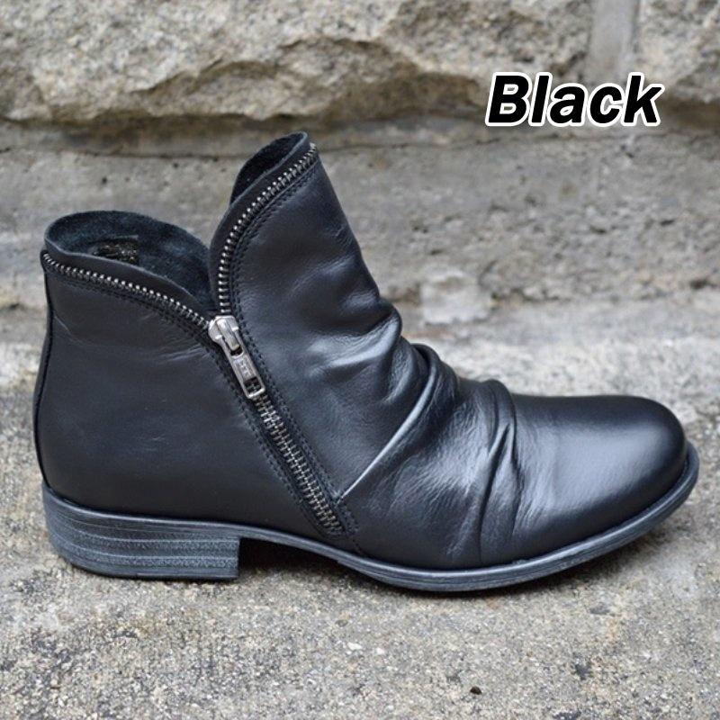 Women's Fashion Chunky Low Heel Zipper Ankle Boots Solid Color Faux Leather Short Boots Casual Flats Autumn and Winter Ladies Slip On Shoes