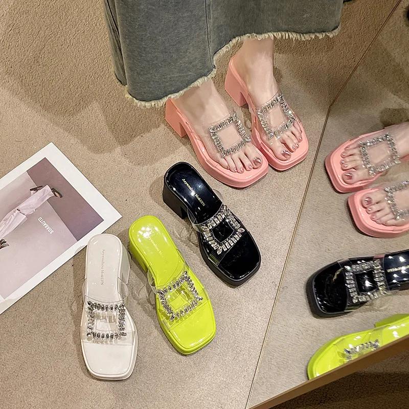 Туфли Квадратный каблук Тапочки Каблуки Платформа Тапочки Женские Шлепанцы Желе Шлепанцы Блочные Летние Мягкие Блестки