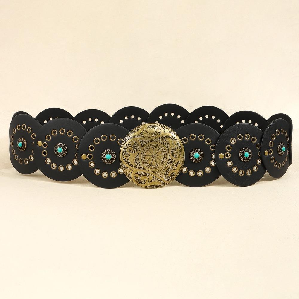 Exaggerated Wide Boho Disc Belt Rivet Carved Buckle Waist Belt Woman Vintage Belt  Dress Decoration