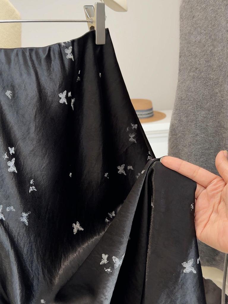 Женская юбка-русалка с высокой талией, весна 2026: Китайский стиль, принт с бабочками и утягивающий сатин