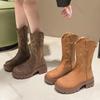 Embroidery V-Mouth Middle Calf Boots Autumn Chunky Heel Platform Women's Shoes Western Cowboy Western Cowboy Boots for Women
