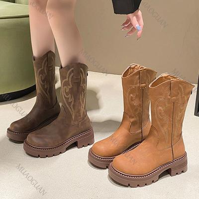 Модные вышитые полусапоги с V-образным вырезом, осенние, на массивном каблуке и платформе, женская обувь, ковбойские сапоги в западном стиле для женщин