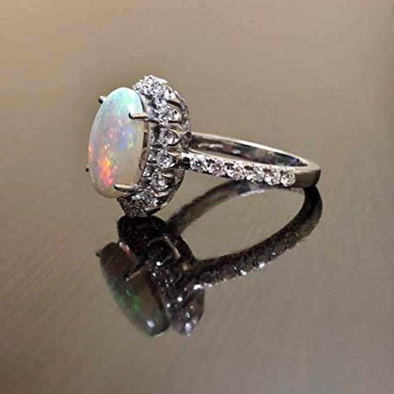 TEMU Vintage Alloy Inlaid Opal Ring - European & American Ladies' Engagement Ring