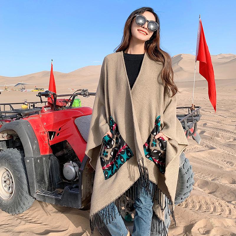 21 Style Big Pendulum Cloak With Hat Arabic Poncho Women Leopard Pocket Shawl Cape Knitted Middle East Split Thick Warm Blanket