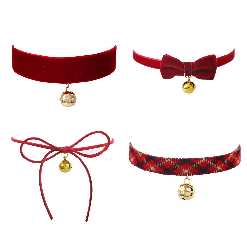 Рождественский бант винного цвета, колокольчик, плюшевое колье-чокер