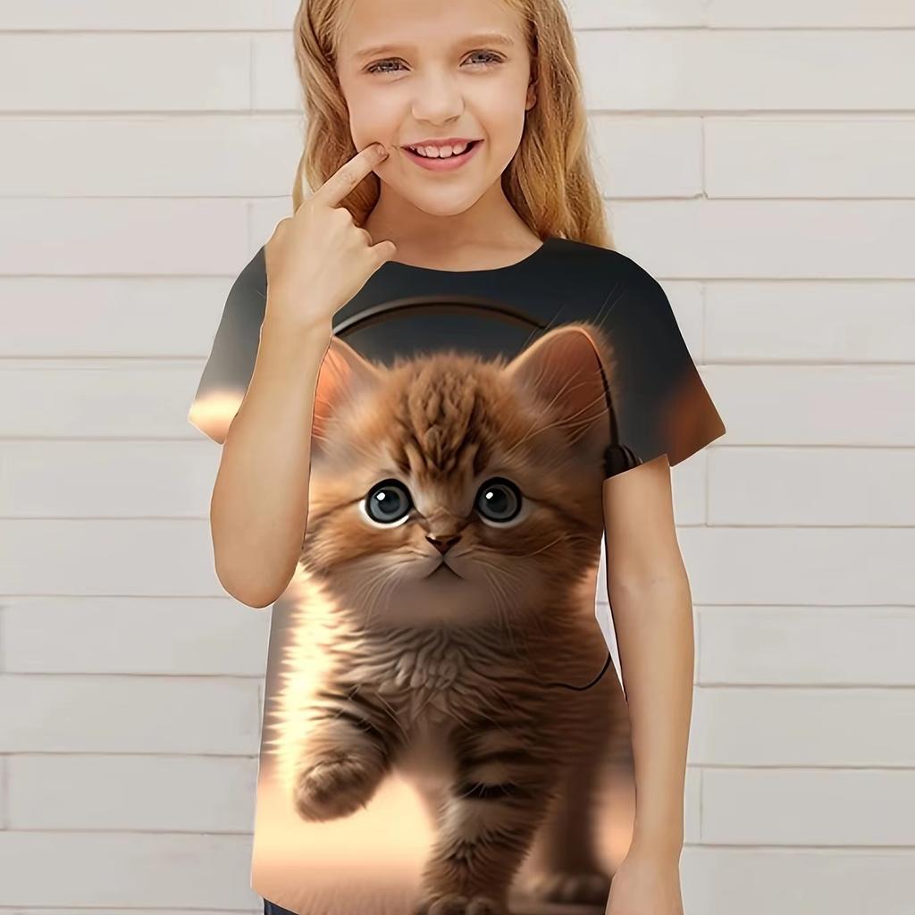 2025 Летняя новая детская одежда, милый 3D-принт с рисунком кошки, короткий рукав, детская одежда, футболка, повседневная толстовка с капюшоном для детей
