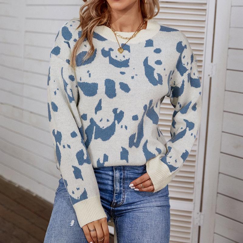 Contrast Color Animal Pattern Sweater Autumn and Winter New European and American Round Neck Sweater for Women