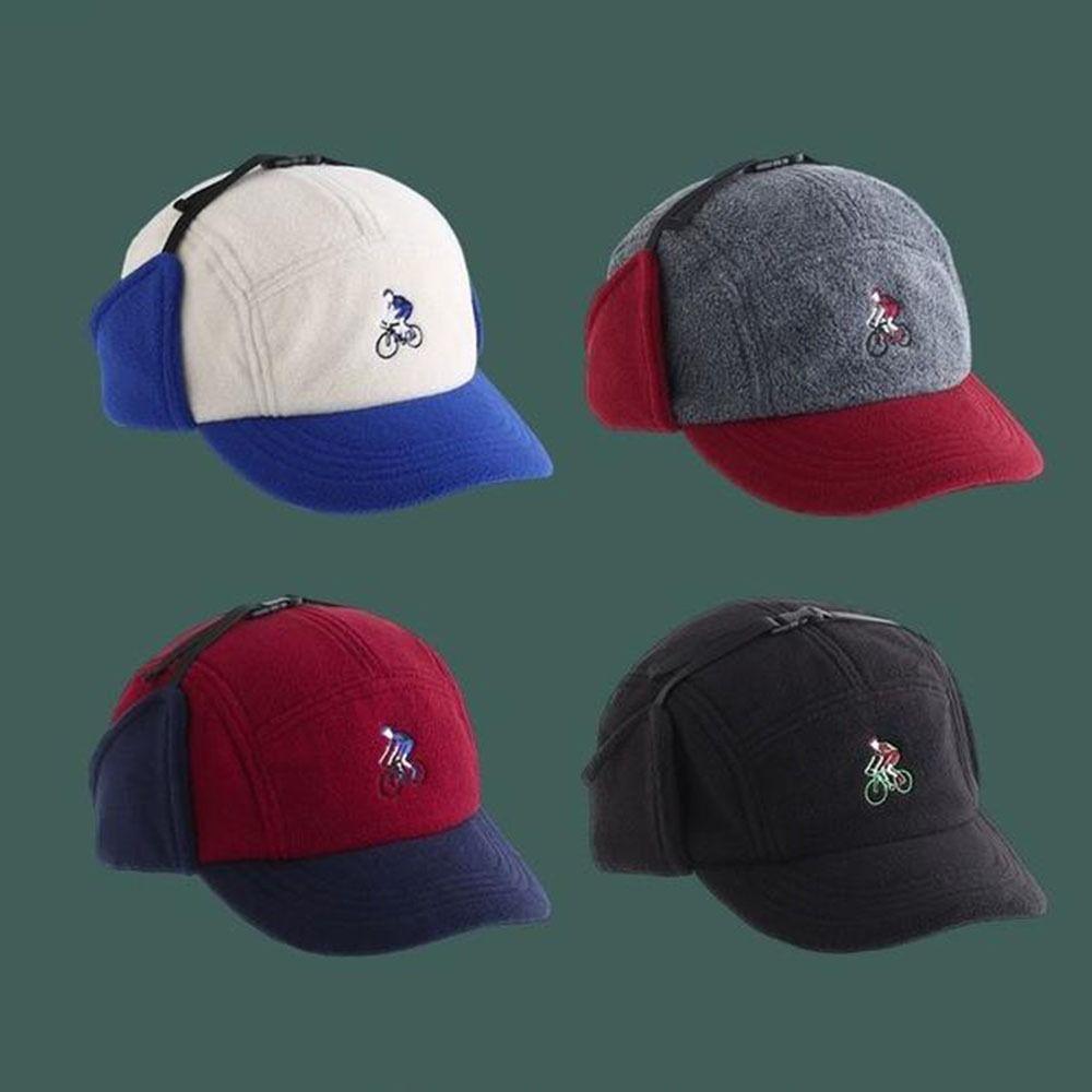 Fashion Patchwork Color Baseball Hats with Ear Flaps Thickened Warm Bomber Cap Biker Hats Autumn and Winter