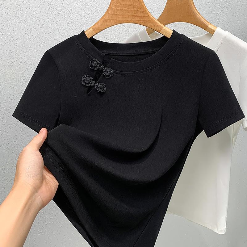 Черная футболка с короткими рукавами для женщин, летняя новая однотонная футболка из хлопка в стиле ретро с принтом «сад», новый китайский стиль, топ на пуговицах