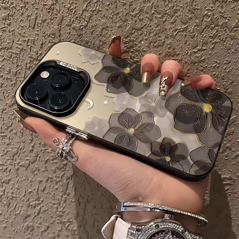 Black Gold Edged Flower Colorful Silver Shell Suitable for Apple 16 15 14pro Mobile Phone Case 15promax13 12 11X