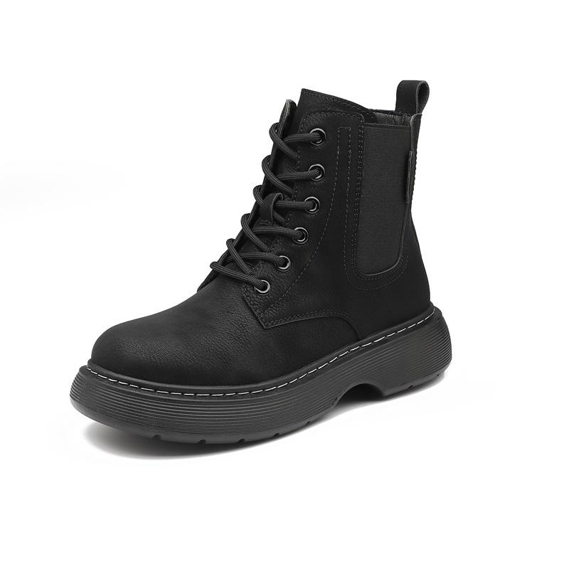 Fashion Women Ankle Boots Platform Leather Boots Side Lace-up Round Toe Winter Ladies Warm Shoes Retro Motorcycle Botas Mujer